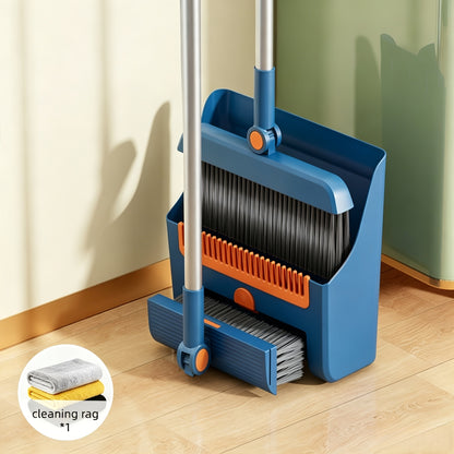 3-in-1 Upright Broom and Dustpan Set with Long Handle, Comb Teeth Dustpan, Garbage Bag Holder – Indoor Outdoor Floor Sweeping Brush Kit for Kitchen Balcony Patio Garage
