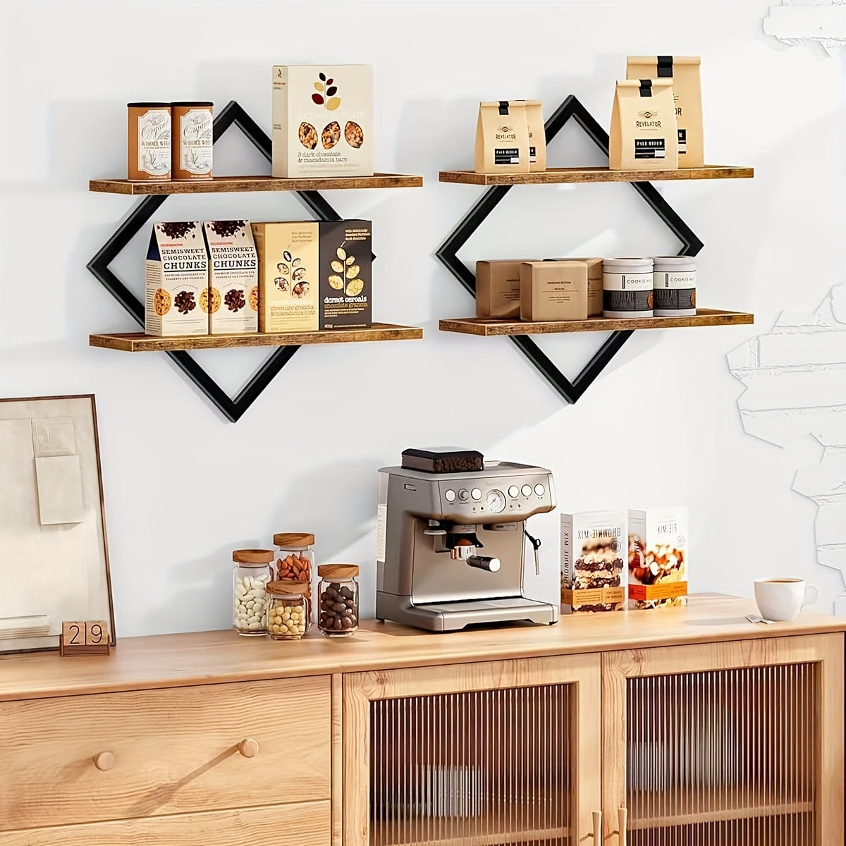 Floating Wall Shelf Diamond Geometric 2/4pcs Double Layer – Industrial Metal Wire & Wood Display Stand for Living Room Kitchen Bedroom, Artistic Home Decor