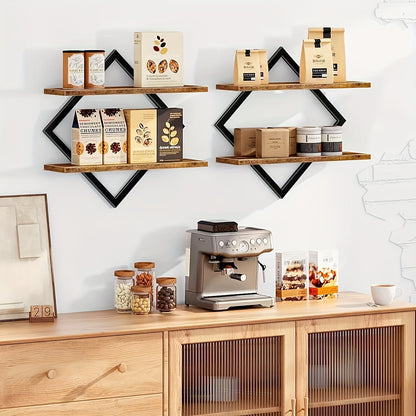 Floating Wall Shelf Diamond Geometric 2/4pcs Double Layer – Industrial Metal Wire & Wood Display Stand for Living Room Kitchen Bedroom, Artistic Home Decor