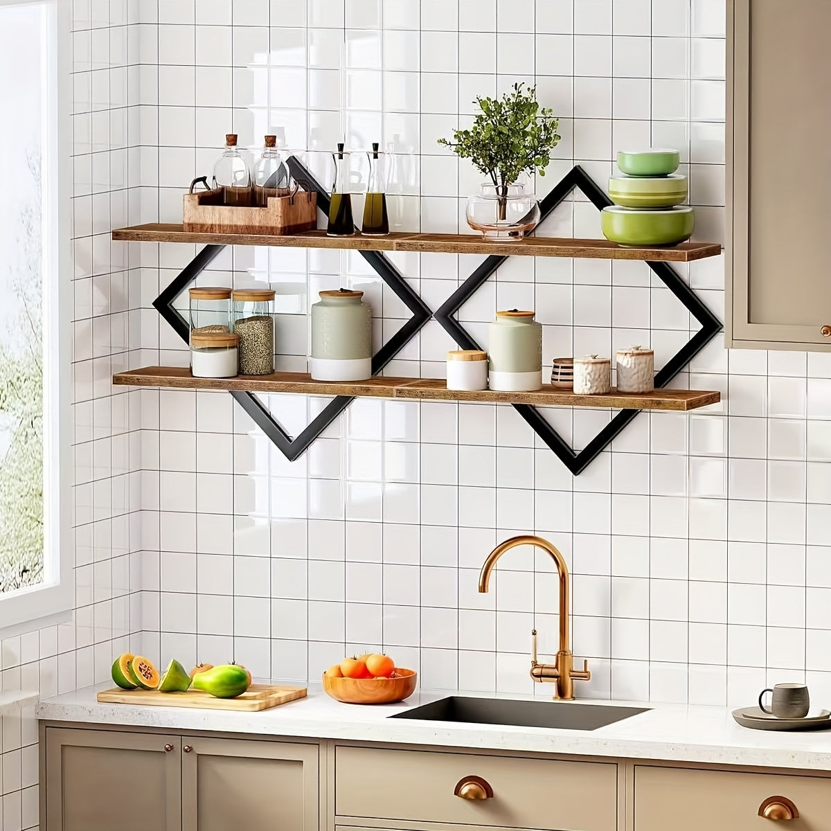 Floating Wall Shelf Diamond Geometric 2/4pcs Double Layer – Industrial Metal Wire & Wood Display Stand for Living Room Kitchen Bedroom, Artistic Home Decor