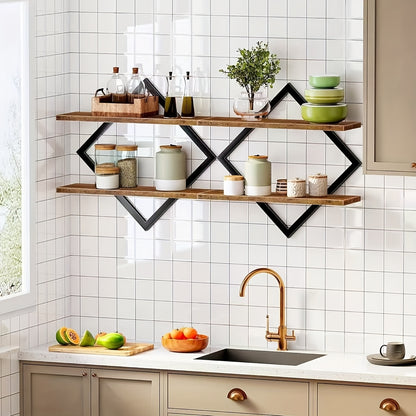 Floating Wall Shelf Diamond Geometric 2/4pcs Double Layer – Industrial Metal Wire & Wood Display Stand for Living Room Kitchen Bedroom, Artistic Home Decor