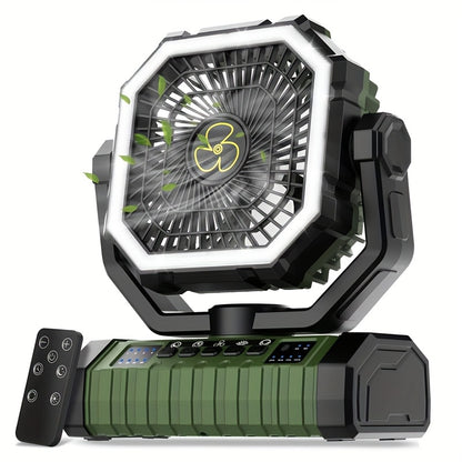 20000mAh Camping Fan with Built-In LED Light – USB Rechargeable Portable Outdoor Cooling Fan, Rugged Sturdy Handle for Tent Hiking Fishing, Compact Design, Green & Orange