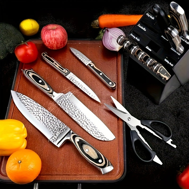 Knife Block Set with Self Sharpener 15pcs Hammered Stainless Steel Chef Knife Set with Wooden Block Steak Knives Self Sharpening Kitchen Knives Gift for Men Family