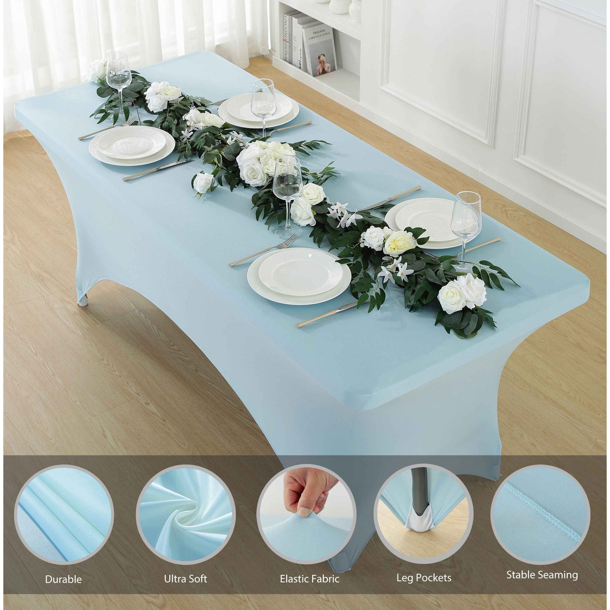 Spandex Tablecloth Fitted Stretch Table Cover 4ft 6ft 8ft - Wrinkle-Free Rectangle Table Cloth for Wedding, Party, Event, Banquet - 2-Pack Multi-Color Options White Black Navy Blue Pink