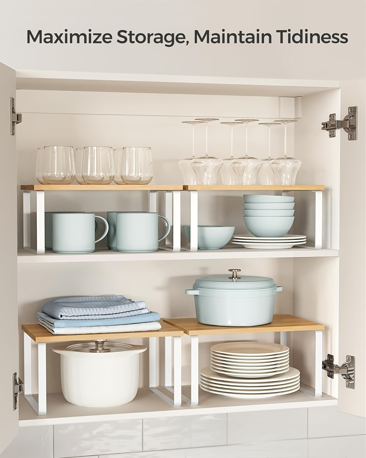 Adjustable Stackable Shelf Organizer Set of 2 – Wooden Cabinet Storage Rack for Kitchen Counter, Spice, Pantry, Bathroom & Under Sink, Space-Saving Home Organization