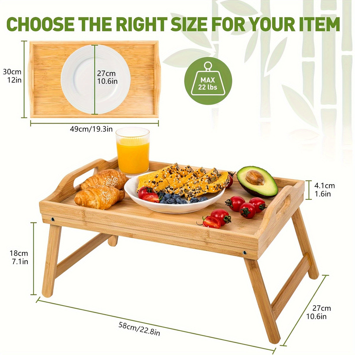 Bamboo Breakfast Tray with Folding Legs & Handles 2 Pack, Extra Wide Foldable Bed Tray Table for Eating Working Drawing, Portable Lap Desk for Sofa Bed Couch, Natural Bamboo with 10 Paper Plates