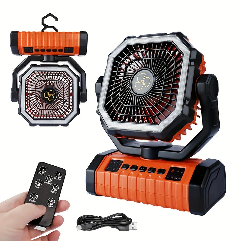 20000mAh Camping Fan with Built-In LED Light – USB Rechargeable Portable Outdoor Cooling Fan, Rugged Sturdy Handle for Tent Hiking Fishing, Compact Design, Green & Orange