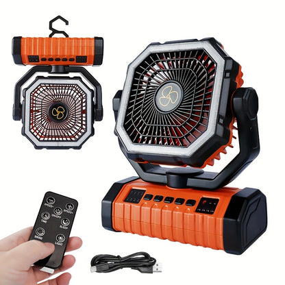 20000mAh Camping Fan with Built-In LED Light – USB Rechargeable Portable Outdoor Cooling Fan, Rugged Sturdy Handle for Tent Hiking Fishing, Compact Design, Green & Orange