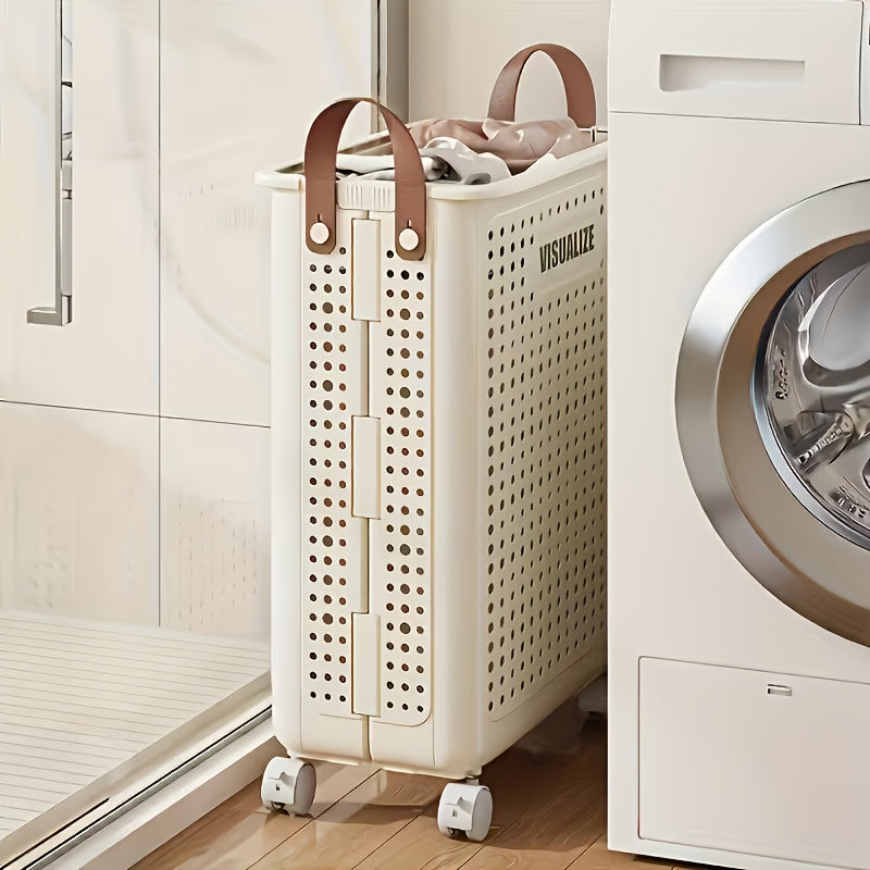 Foldable Laundry Basket with Wheels Large Capacity – Plastic Collapsible Wheeled Hamper for Bathroom, Balcony & Small Apartment, Portable Rolling Laundry Bin in Cream & White