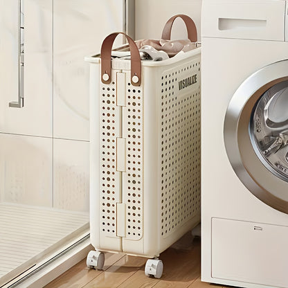 Foldable Laundry Basket with Wheels Large Capacity – Plastic Collapsible Wheeled Hamper for Bathroom, Balcony & Small Apartment, Portable Rolling Laundry Bin in Cream & White