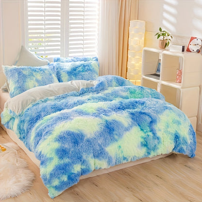 Plush Duvet Cover Set 3-Piece – Soft Fuzzy Comforter Cover with 2 Pillowcases, Cozy Warm Bedding for Bedroom & Dorm, Twin Full Queen King, 14 Colors including Solid & Tie Dye
