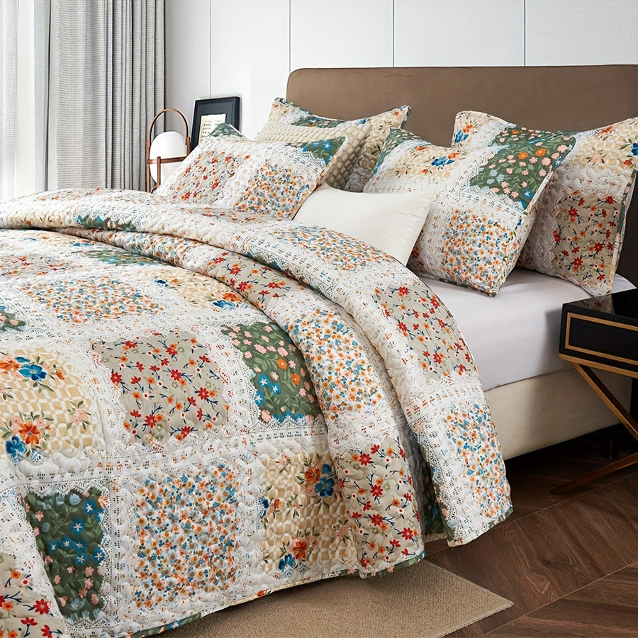 Floral Quilt Set 2 3 Piece Twin Full Queen King Lightweight Patchwork Coverlet Bedding Set Soft Cozy Boho Comforter with Pillow Shams Green Blue Pink Plaid Spring Summer Year Round