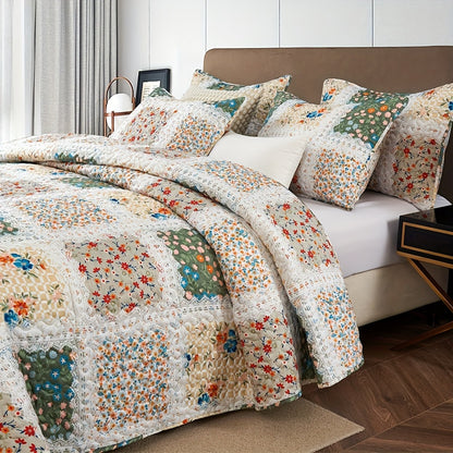 Floral Quilt Set 2 3 Piece Twin Full Queen King Lightweight Patchwork Coverlet Bedding Set Soft Cozy Boho Comforter with Pillow Shams Green Blue Pink Plaid Spring Summer Year Round