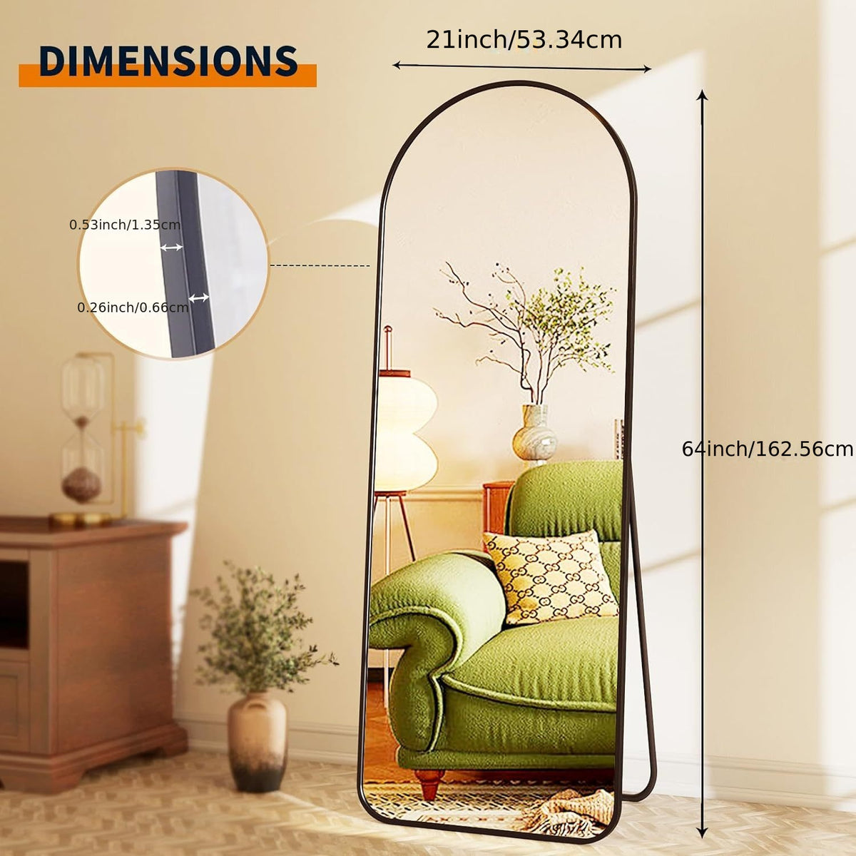 Full Length Floor Mirror with Aluminum Alloy Arch Frame – HD Full Body Standing Mirror for Bedroom Living Room Entryway, Freestanding Leaning Wall Mirror Modern Arched Vanity Mirror Home Decor