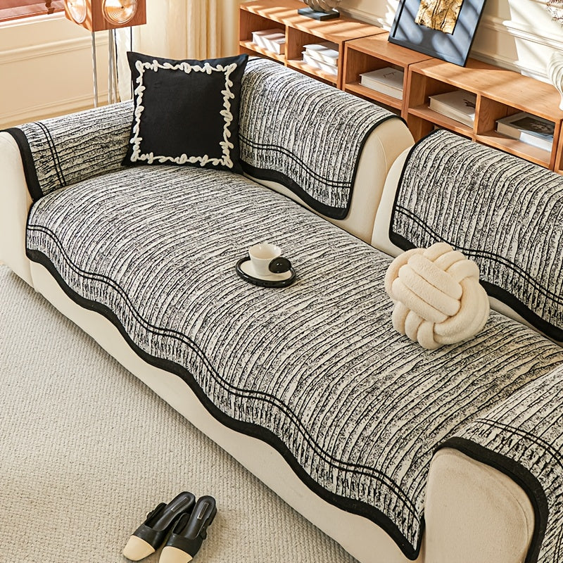 Chenille Sofa Cover Cushion 2 3 4 Seater Non-Slip Anti-Scratch Couch Protector, Premium Minimalist Sofa Slipcover All Season Universal Fit for Living Room Bedroom, Black Grey Beige Coffee