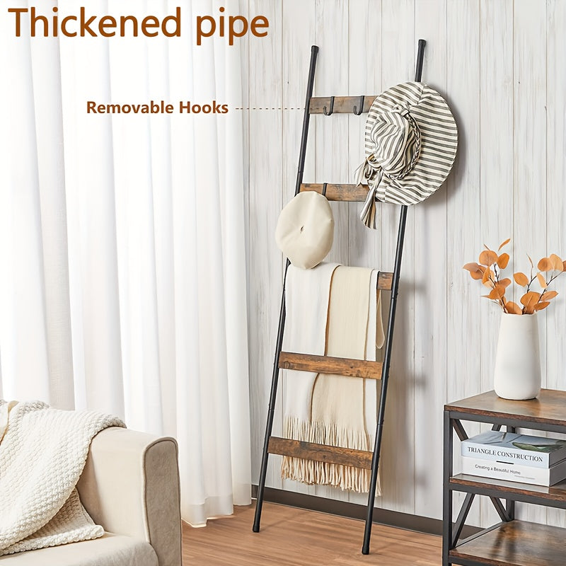 Blanket Ladder 5 Tier Farmhouse Style with 10 Removable Hooks Decorative Wooden Standing Rack for Living Room & Bathroom – Wall Mounted or Freestanding Quilt Towel Throw Storage Holder