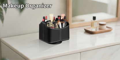 360° Swivel Remote Control Holder 5 Compartments PU Leather Desktop Organizer Caddy - Multifunctional Storage Box for TV Remotes Phones Glasses Cosmetics Stationery - Home Office Decor