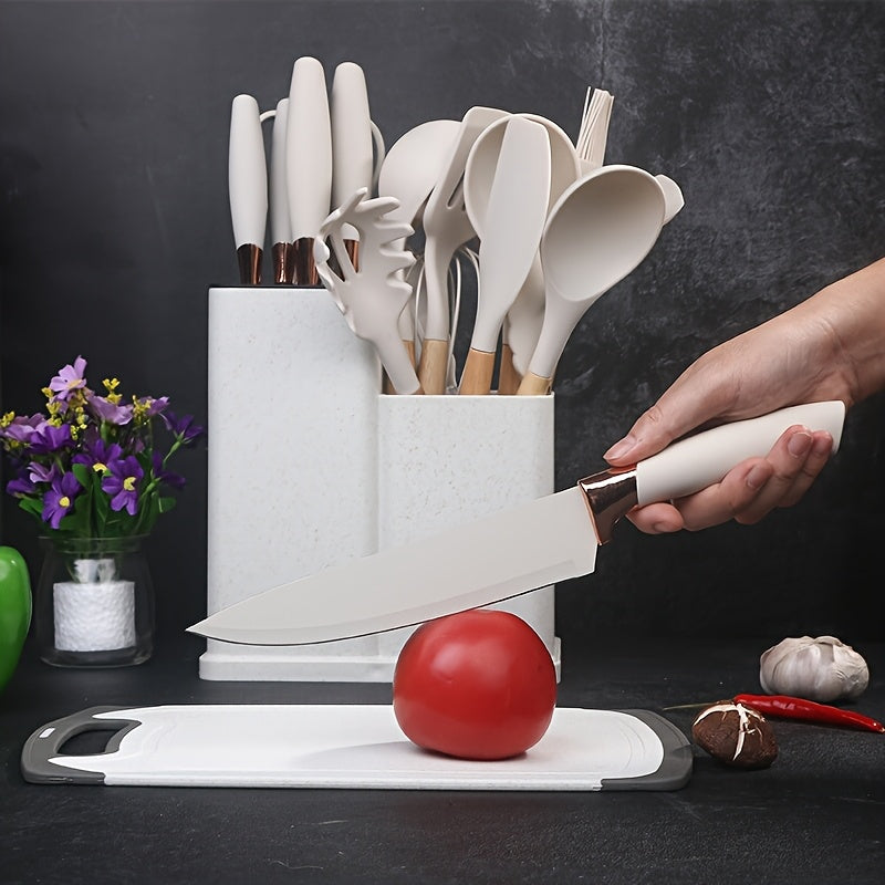 Silicone Cookware Set 19pcs Non-Stick with Bamboo Storage Containers & Knives – Heat-Resistant Pots Pans Utensils, Wooden Handle, Induction & Oven Safe, Kitchen Cooking Gift