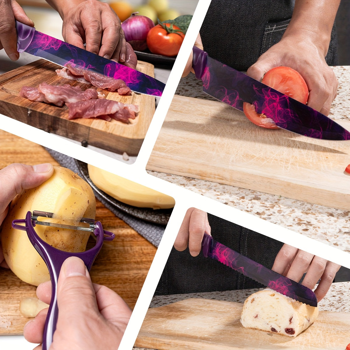 Kitchen Knife Set 6 Piece High Carbon Stainless Steel Sharp Chef Knife Bread Knife Scissors Sharpener Anti-Slip Handle Dishwasher Safe, Colorful Phoenix Pattern Knife Set Gift for Women
