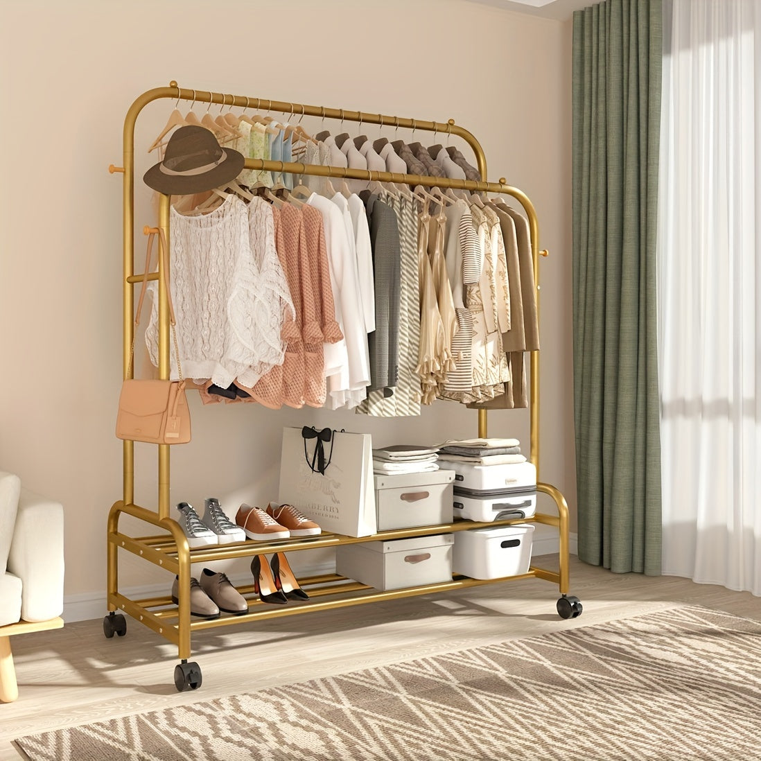 Heavy-Duty Metal Clothing Rack with Double Rods & Wheels – Freestanding Garment Rack with Shelves & Hooks for Bedroom Closet, Golden