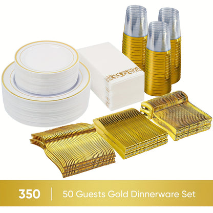 Disposable Plates for Parties 350/700 Piece Dinnerware Set with Dinner Plates, Salad Plates, Cups, Cutlery & Napkins – Gold & Silver for Wedding, Birthday, Graduation, Holiday Celebrations