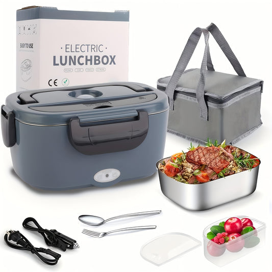 Electric Lunch Box Food Warmer 50.72oz - Portable Heated Meal Container 120V Home & 12V 24V Car, Stainless Steel Inner, Leak-Proof, Fork & Insulated Bag Included, Truck Drivers Office Travel Camping