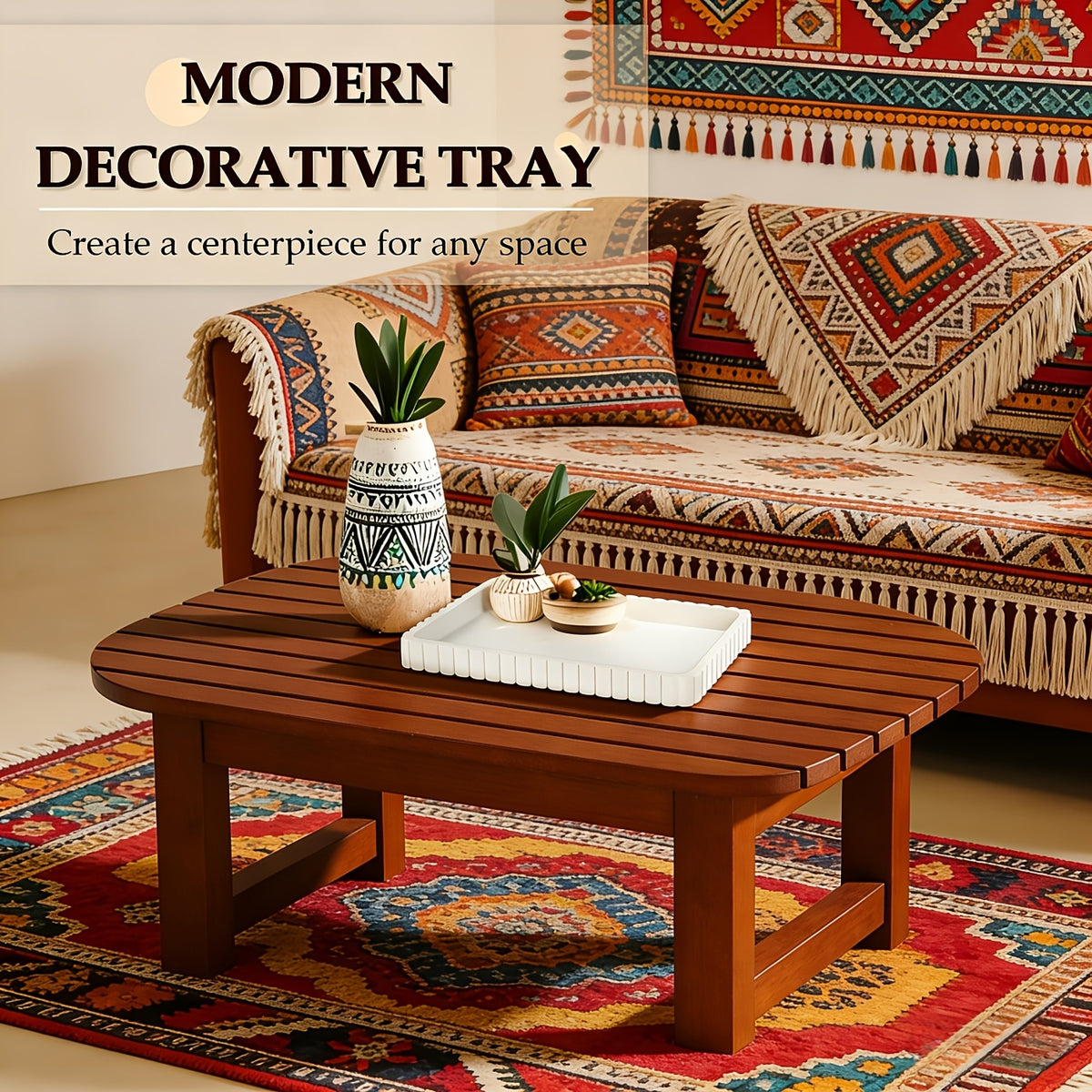 Decorative Wood Tray for Coffee Table & Living Room – 11" Round Fluted Serving Tray, Ottoman Centerpiece, Jewelry Organizer, Home Decor Gift