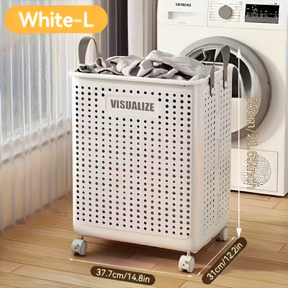 Foldable Laundry Basket with Wheels Large Capacity – Plastic Collapsible Wheeled Hamper for Bathroom, Balcony & Small Apartment, Portable Rolling Laundry Bin in Cream & White