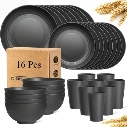 Wheat Straw Dinnerware Set 16 or 32 Piece Unbreakable for 4 or 8 People, Eco-Friendly Plates Bowls Cups Dishwasher Microwave Safe, Lightweight Camping Outdoor Indoor Dinnerware, Black Colorful