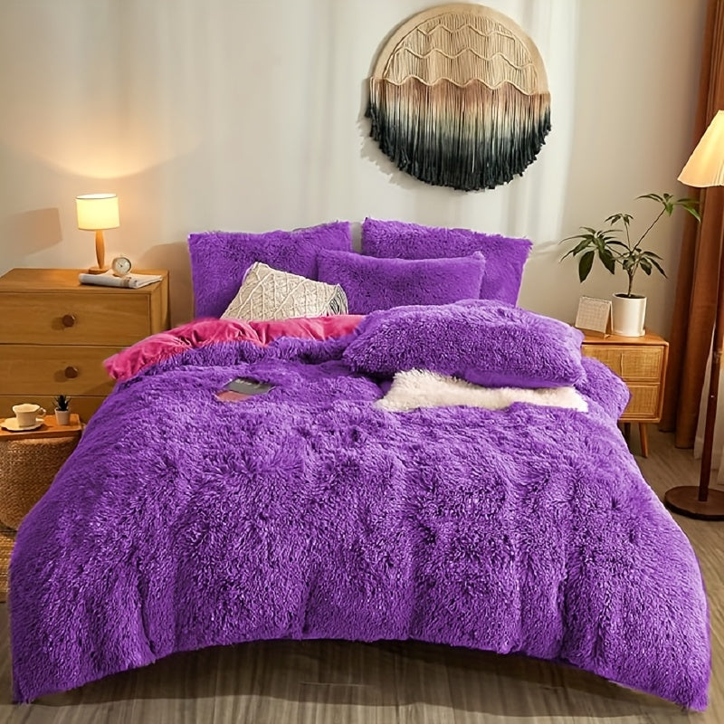 Fluffy Duvet Cover Set 4 Piece Queen King, Soft Plush Comforter Cover with 2 Pillow Shams All Season Cozy Bedding Set No Insert, in Purple Red Pink Gray Yellow Blue Beige Black
