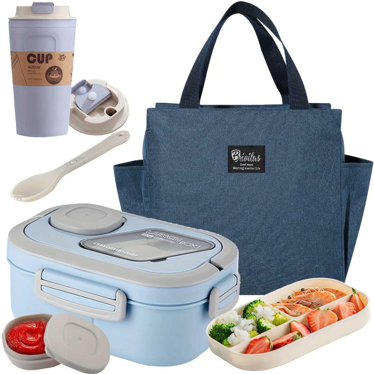 Bento Lunch Box Set with Bag and Cup, 2-Layer Multi-Compartment Meal Prep Container for School Office Picnic, Leakproof Food Storage Box with Insulated Lunch Bag, Pink Blue Green White