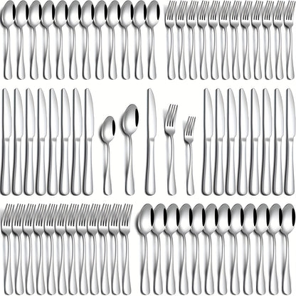 Stainless Steel Flatware Set 24/60 Piece for 4/12 People, Silverware Set with Gift Box Includes Steak Knives Salad Forks Dessert Spoons, Dishwasher Safe Cutlery Set for Home Wedding Camping Christmas, Silver Black