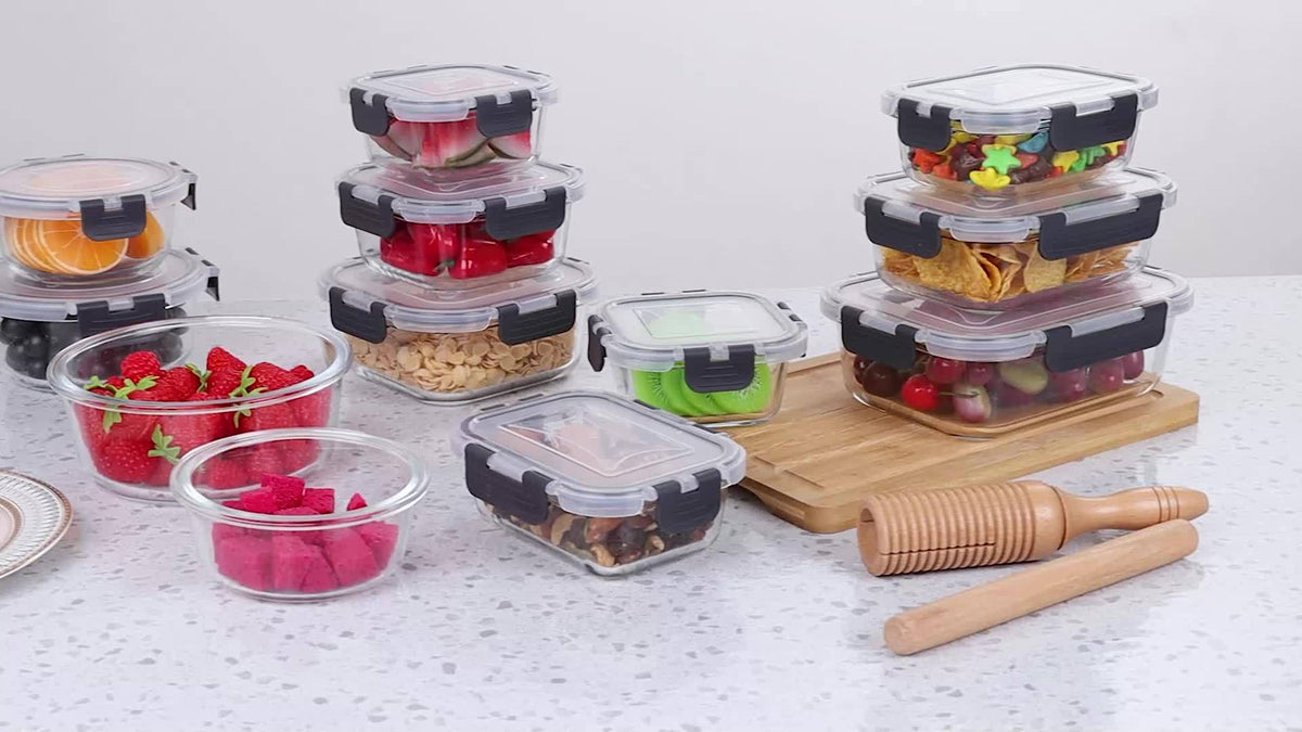 Glass Food Storage Containers with Lids 12-Piece Set – Airtight Leak-Proof Meal Prep Containers Microwave Oven Freezer & Dishwasher Safe Glass Lunch Bento Boxes for Kitchen Pantry