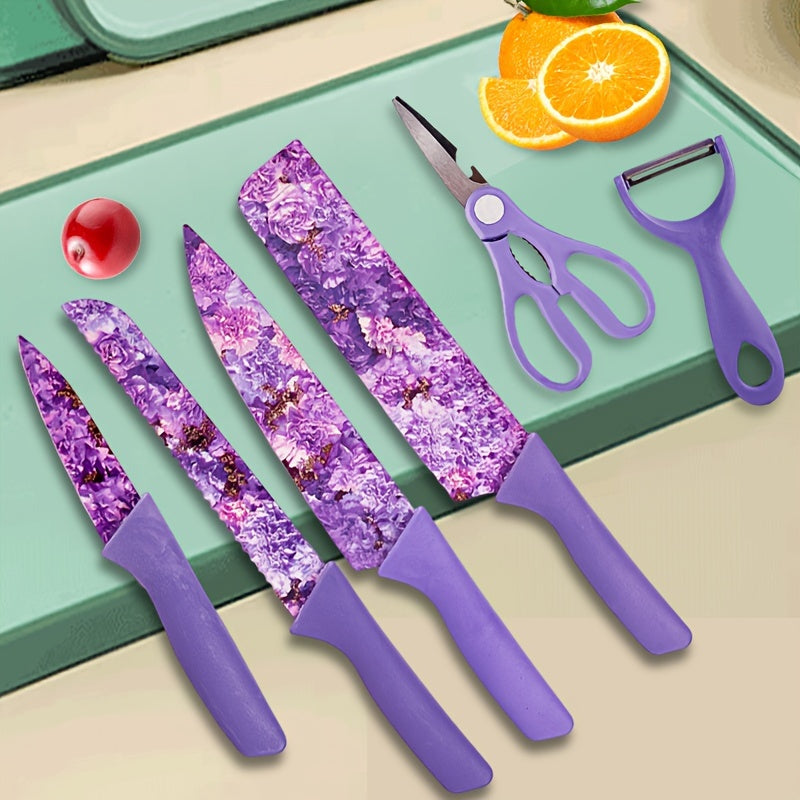 Floral Kitchen Knife Set 6 Piece Jasmine Pattern – High Carbon Stainless Steel Sharp Chef Knife, Meat Cleaver, Bread Knife, Scissors & Peeler, Ergonomic Handle, Cooking Gift for Women & Men