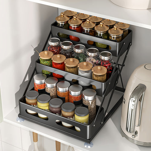 Spice Rack Organizer 3 Tier - Foldable Metal Countertop Spice Shelf with Safety Rails, Space-Saving Kitchen Cabinet Storage for Pantry, Sturdy Painted Finish, Black & White Available