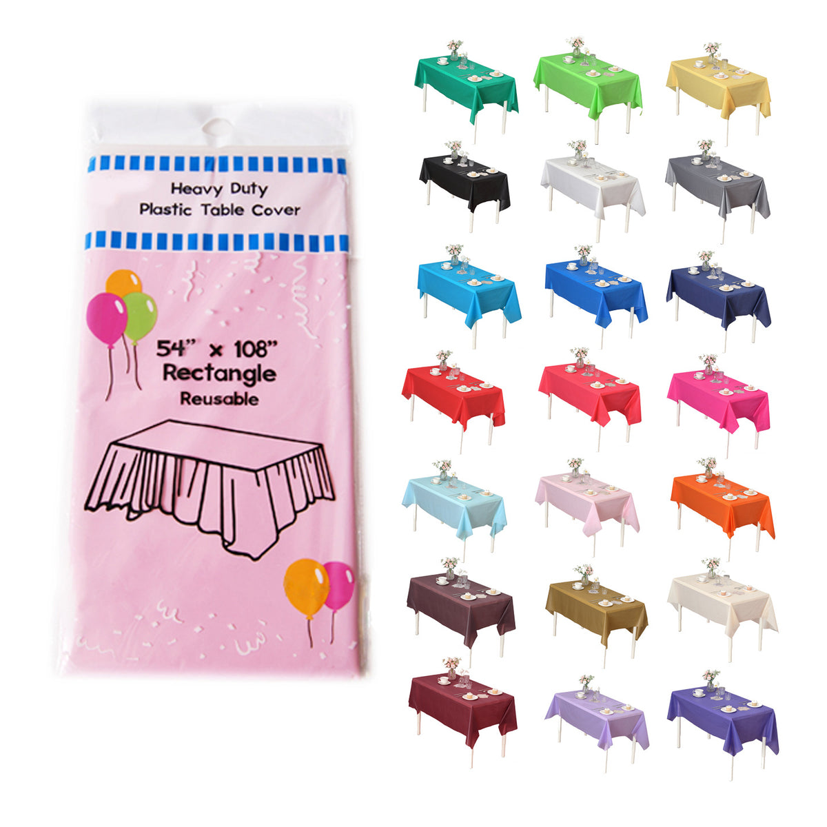 Disposable Plastic Tablecloth 12-Pack – Heavy Duty Table Cover for Parties, 84" Round & 54"x108" Rectangle, 22 Colors for Kitchen Dining Outdoor Events