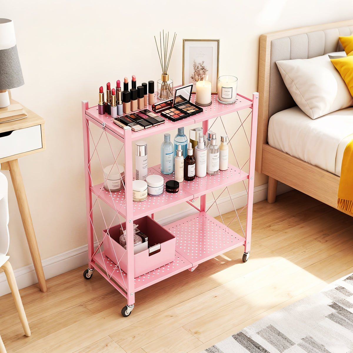 Portable Storage Rack with Lockable Wheels, 3 or 4 Tier Foldable Shelving Unit, Carbon Steel Floor Standing Shelf for Bedroom Bathroom Balcony Garden, No Assembly Required, Space Saving Rolling Organizer