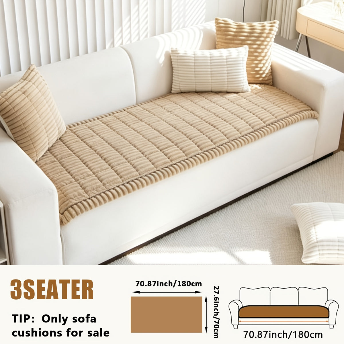 Sofa Cover Plush Velvet - Washable Stretch Couch Cover with Wavy Edge, Soft Shu Velveteen Sofa Protector for 1 2 3 4 Seater, Easy Install Furniture Cover in White Khaki Gray