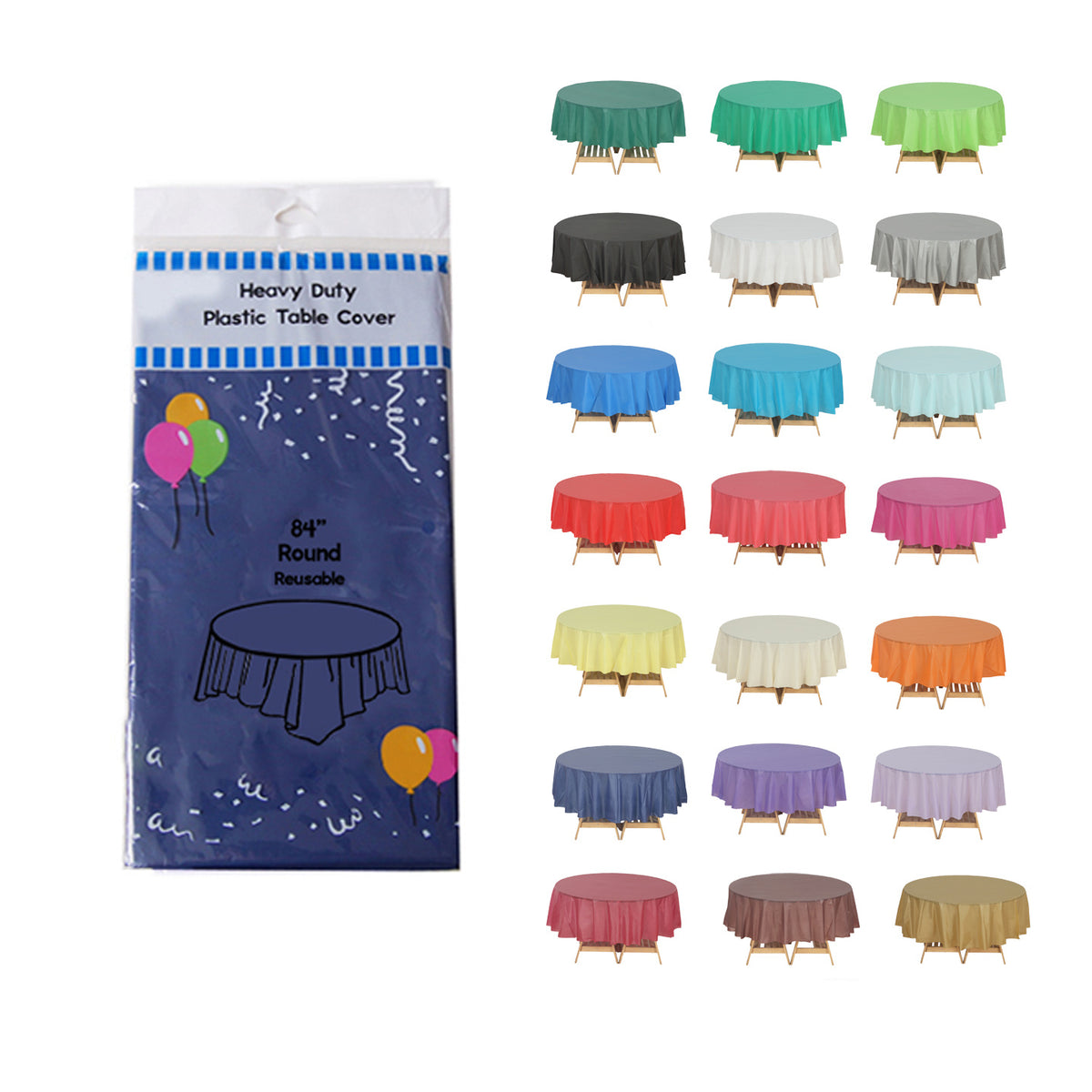 Disposable Plastic Tablecloth 12-Pack – Heavy Duty Table Cover for Parties, 84" Round & 54"x108" Rectangle, 22 Colors for Kitchen Dining Outdoor Events