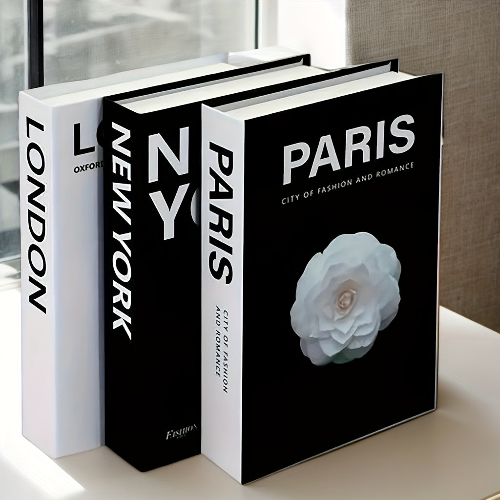 Decorative Faux Books Set of 3 - Modern Fake Books for Home Decor, Living Room Shelf Styling, Coffee Table, Bedroom & Office, Parisian & New York City Theme, Minimalist Bookshelf Decor Accessories