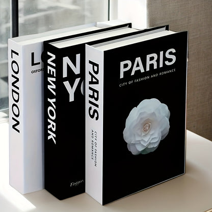 Decorative Faux Books Set of 3 - Modern Fake Books for Home Decor, Living Room Shelf Styling, Coffee Table, Bedroom & Office, Parisian & New York City Theme, Minimalist Bookshelf Decor Accessories