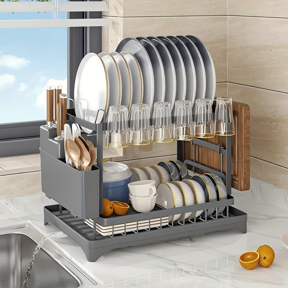 2 Tier Dish Drying Rack with Drainboard – Metal Kitchen Counter Dish Drainer Rack with Drain Tray, Large Capacity Drying Rack for Dishes Cups Utensils, Black White Gray
