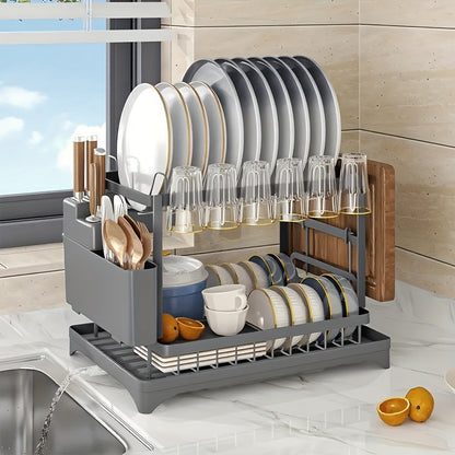 2 Tier Dish Drying Rack with Drainboard – Metal Kitchen Counter Dish Drainer Rack with Drain Tray, Large Capacity Drying Rack for Dishes Cups Utensils, Black White Gray