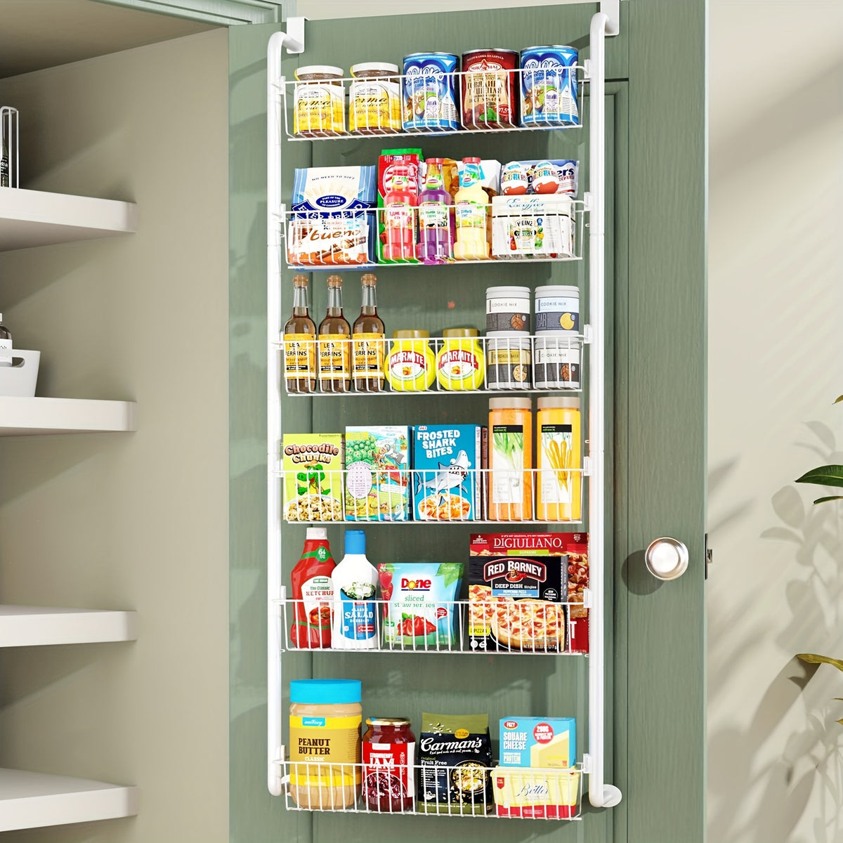 Door Mounted Spice Rack Organizer 6-Tier Metal Pantry Door Shelf for Kitchen, Bathroom, Laundry Room & Pantry – Non-Scratch Wall Storage Basket in Black or White
