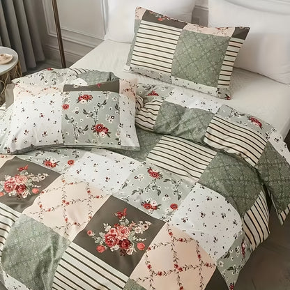 Floral Print Duvet Cover Set 3-Piece Kids Bedding with Zipper Closure, Patchwork Pastoral Style Comforter Cover + 2 Pillowcases, All-Season Lightweight, Twin Full Queen King – No Insert