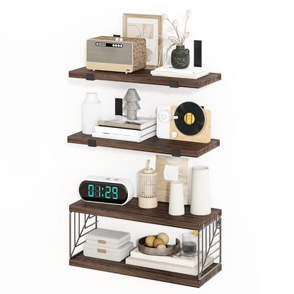 Floating Wall Shelves Over Toilet 3+1 Tier, Farmhouse Rustic Wood Bathroom Shelf Organizer 16x6 Inch, Wall Mounted Storage Rack for Bathroom Living Room Bedroom, Dark Brown & Light Brown