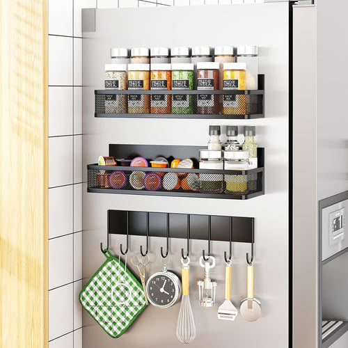 Magnetic Spice Rack for Refrigerator - Movable Metal Fridge Shelf Organizer with 8 Hooks, Multi-Purpose Magnetic Seasoning Rack for Kitchen Side Wall Storage, Space-Saving, Black White 3 5 Pack