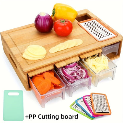 Bamboo Cutting Board with Trays and Drawers, Large Chopping Board with Food Sliding Opening and Stackable Airtight Containers for Food Storage Transport and Cleanup, Kitchen Gift for Home Cooks