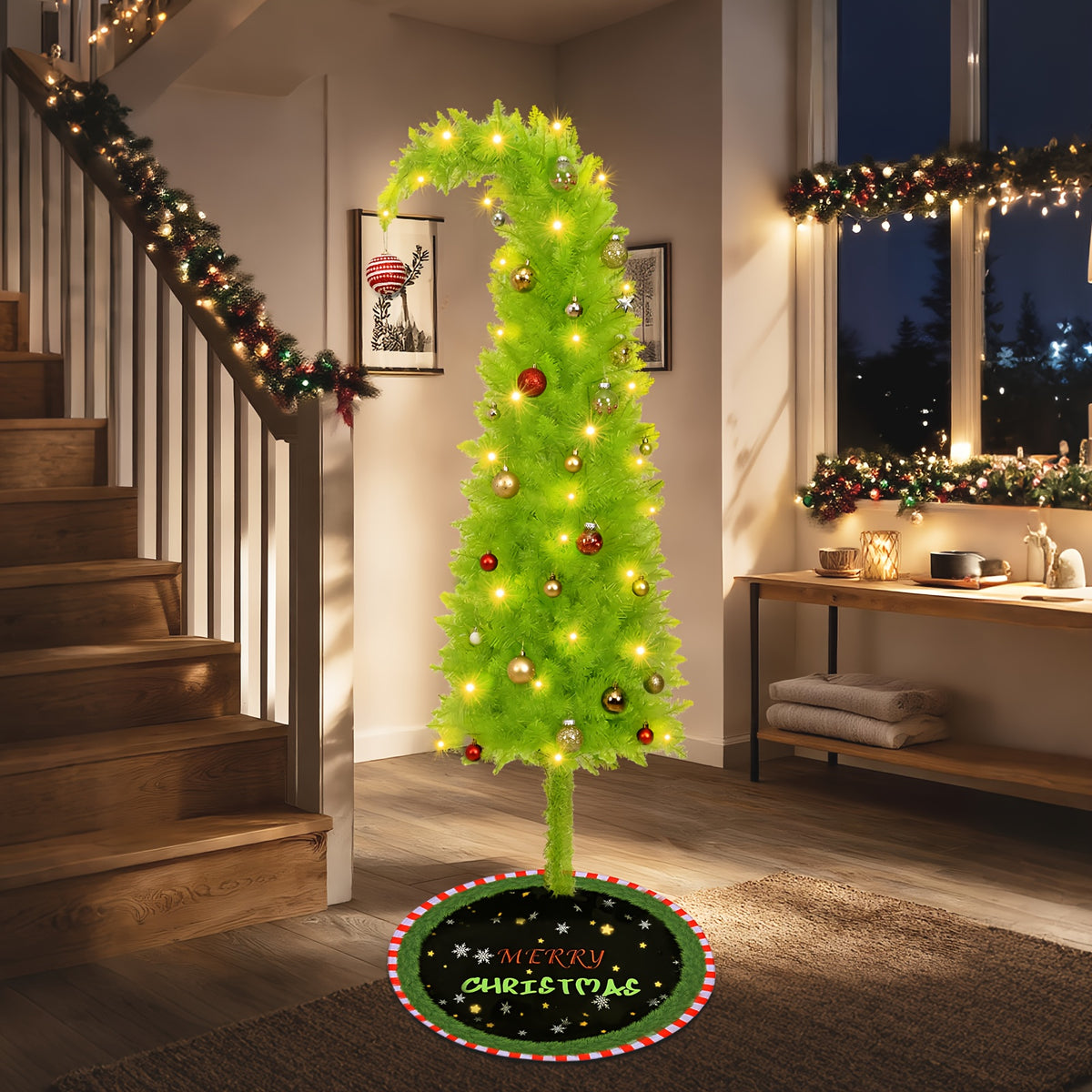 Artificial Christmas Tree 6 Foot with String Lights, Tree Skirt, Christmas Balls & Stand - Bendable Full Xmas Tree Set for Home, Shop Window & Party Decorations, Unique Holiday Decor Indoor Display