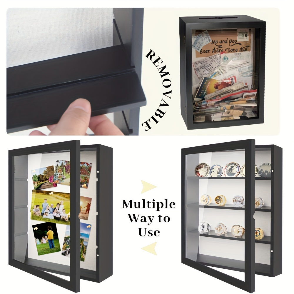 Shadow Box Display Case 11x14 with 4 Removable Shelves & Linen Back - Large Memory Box for Medals, Coins, Rings, Flowers, Photos, Pin Collections, Wall Hanging Frame, Black White Brown